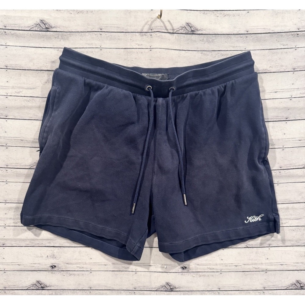 Kith Mens Sweat Shorts Sz L Blue Zip Pocket Drawstring Stretch Lounge 5" W Flaw